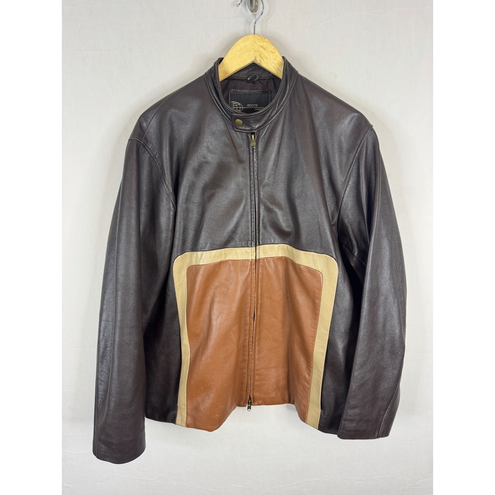 Roots Passport Mens‎ Brown Colorblock Leather Cafe Racer Jacket Made in Canada L